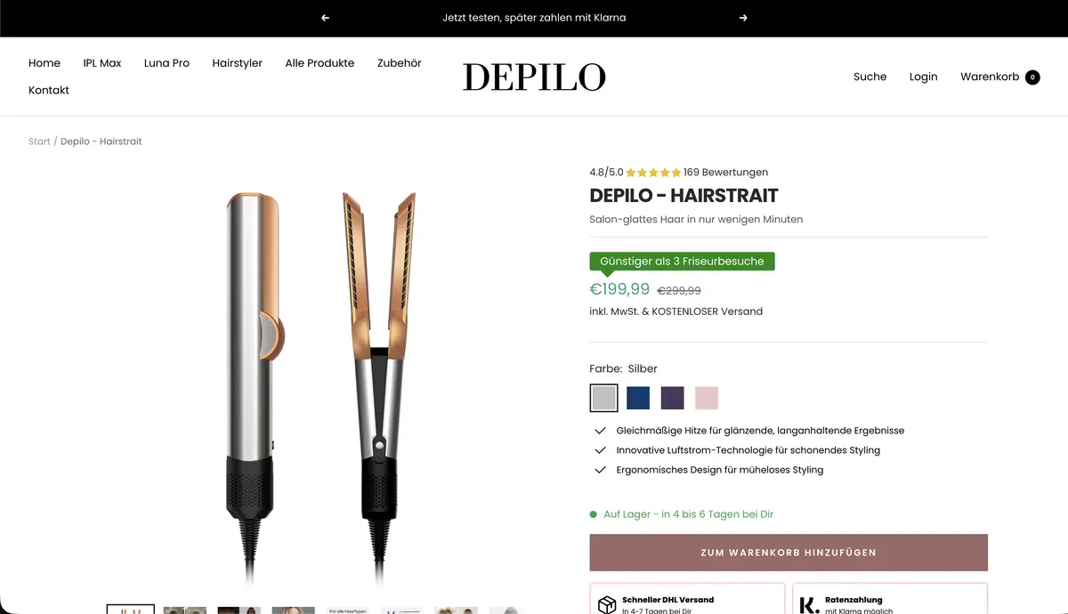 Depilo – Website, Desktop-Ansicht